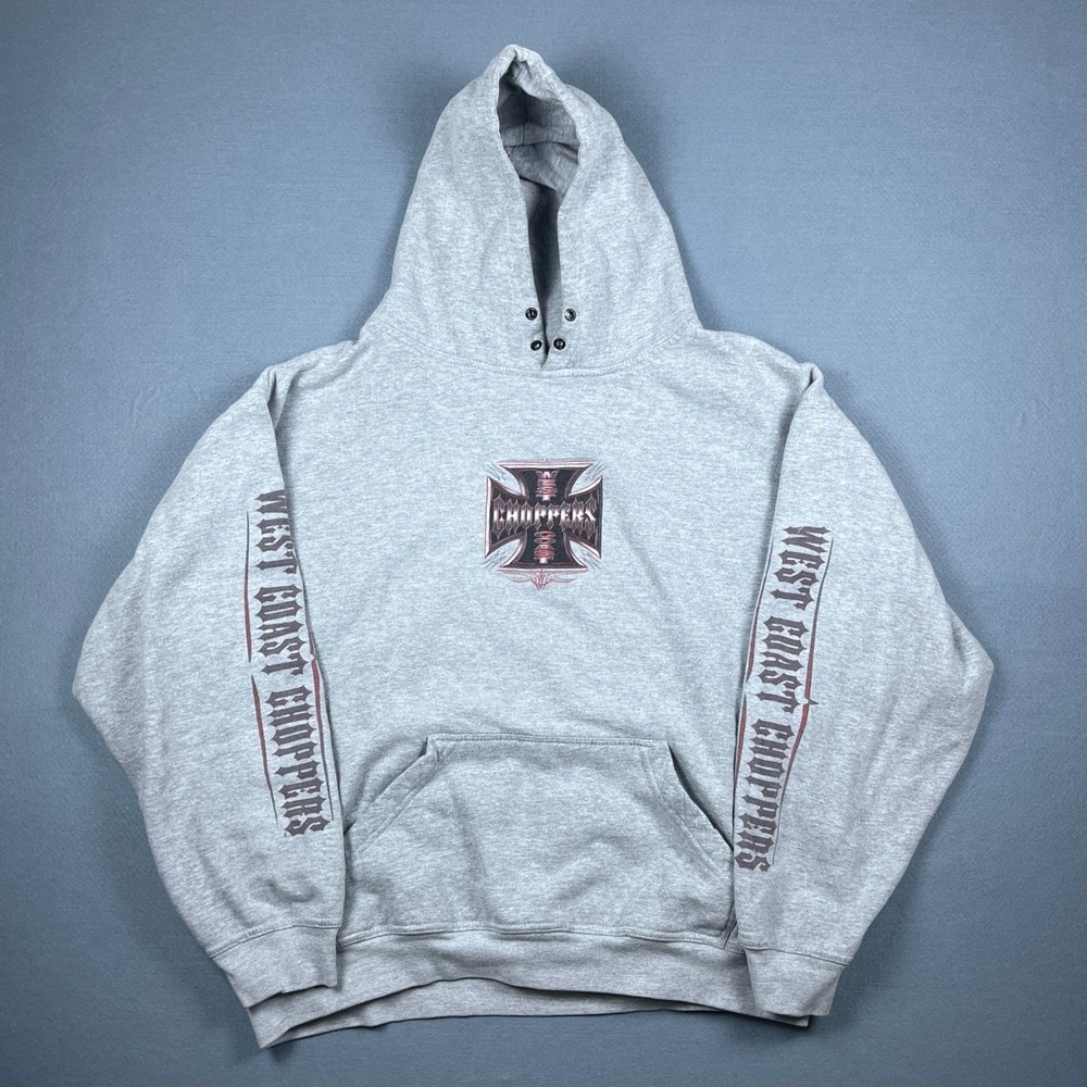 VTG West Coast Choppers Jesse Who? Gray Iron Cross Graphic Hoodie Mens XL